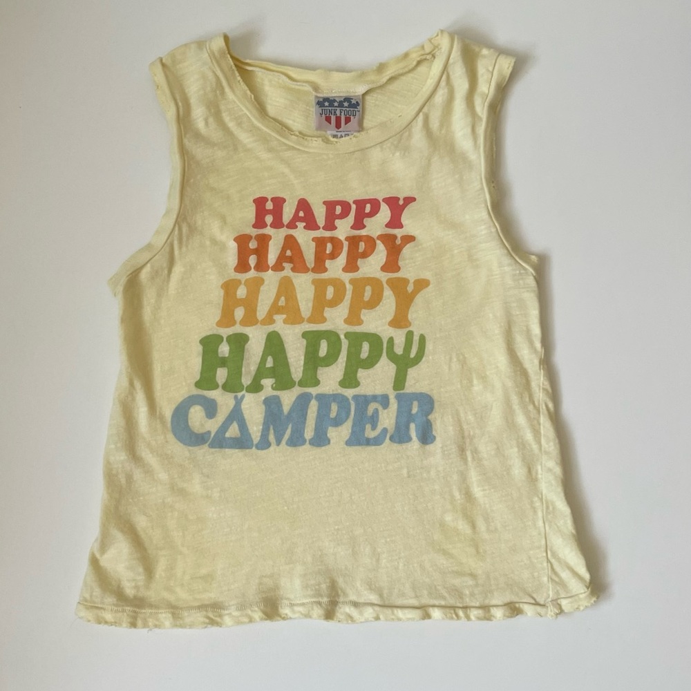 Junk Food Girls’ Happy Camper Distressed Yellow Sleeveless T-shirt / Tank top